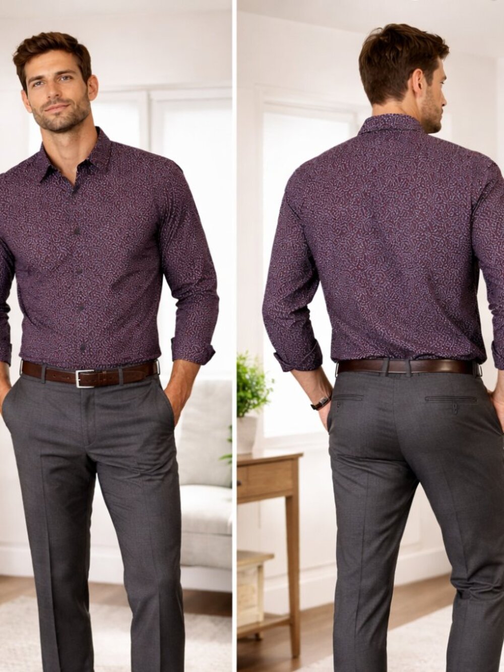 Calvin Klein Men's Burgundy Geometric Button Down Shirt - Size XL